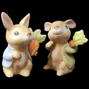 1980's HOMCO SET OF 2 BUNNY RABBITS WITH CARROTS PORCELAIN FIGURINES